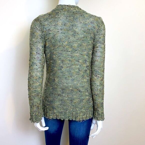 BCBGMAXAZRIA Olive Green Tweed Sweater Wooden Buttons L - Picture 4 of 6